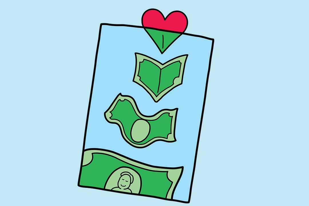 Geld kommt in eine Tasche mit einem Herz drauf, das sich in ein Dollarzeichen verwandelt