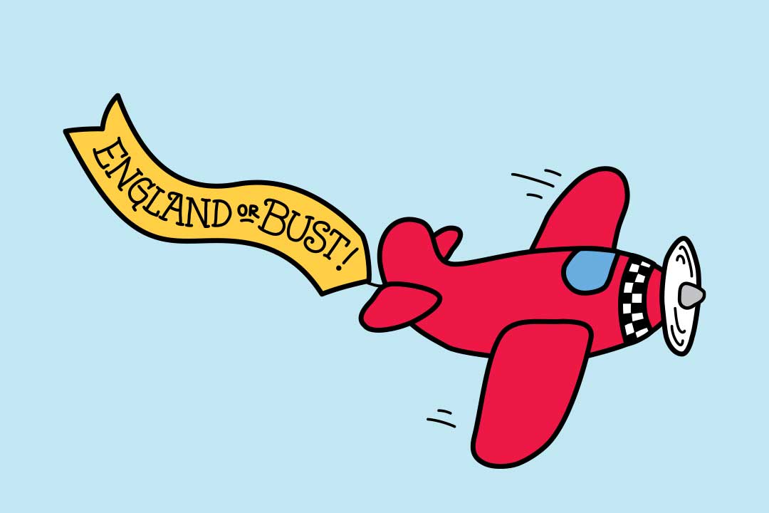 Flugzeug fliegt mit einem Banner „England or Bust“